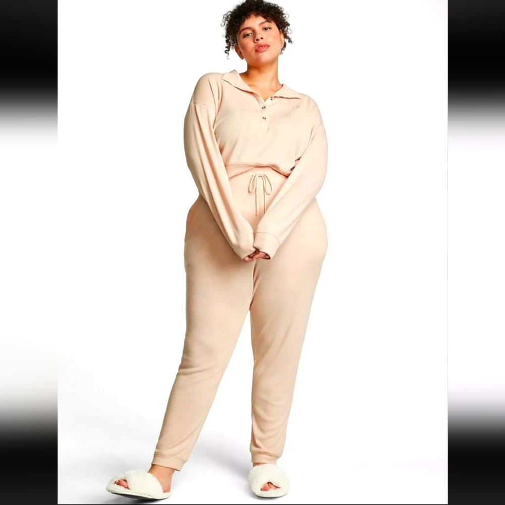 PINK Victoria's Secret Thermal Sleep Set Cropped Shirt Polo Jogger Pants Size L